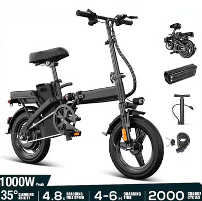 14 Inch Folding Portable Electric Bike 1000W Motor 35+ Miles Range 20+ MPH Max Speed, 12Ah Removable Battery, Front & Rear Air Tires Dual Disc Brake LED Display 2 Person Carry E-Bicycle