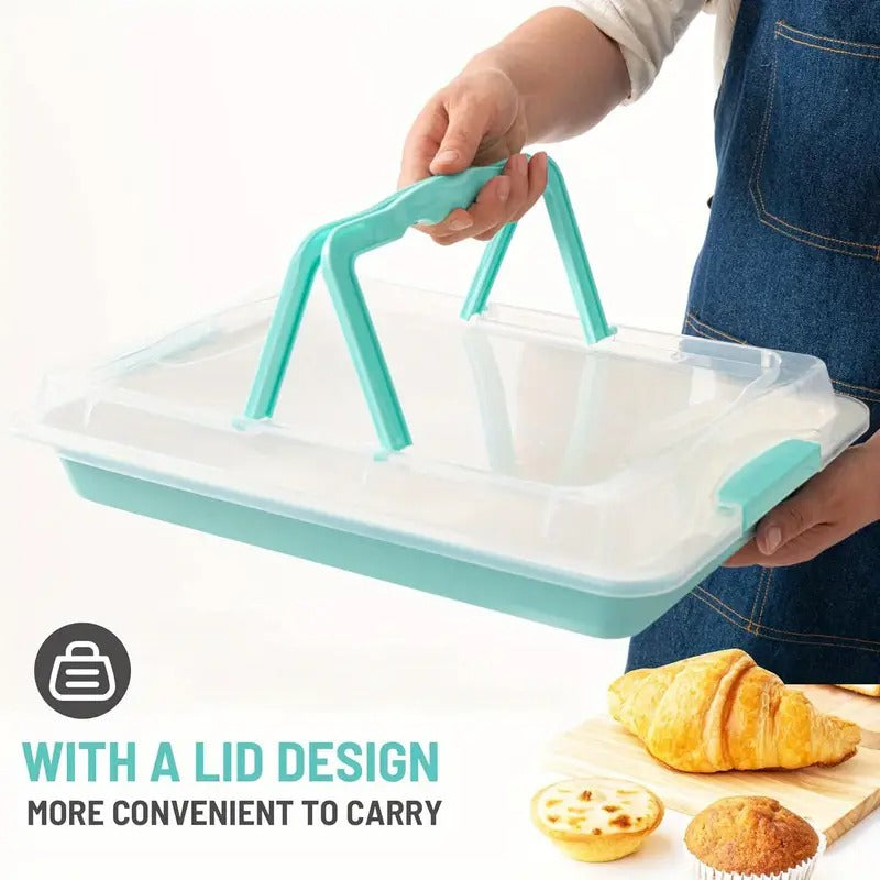 1/2pcs Baking Pan with Carry Lid Sets, Nonstick 17*12 Inch Rectangle Cake Pan, Kitchen Oven Carbon Steel Baking Tray with Wide Handles, Baking for Easy Clean Baked Easy to Picnics Party Carry, Blue