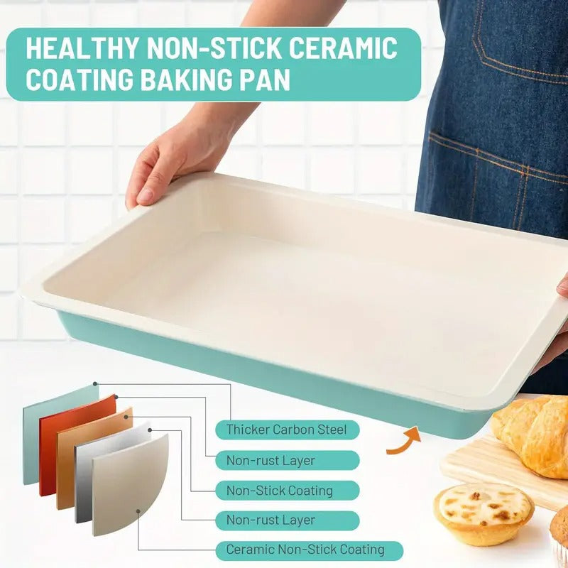 1/2pcs Baking Pan with Carry Lid Sets, Nonstick 17*12 Inch Rectangle Cake Pan, Kitchen Oven Carbon Steel Baking Tray with Wide Handles, Baking for Easy Clean Baked Easy to Picnics Party Carry, Blue